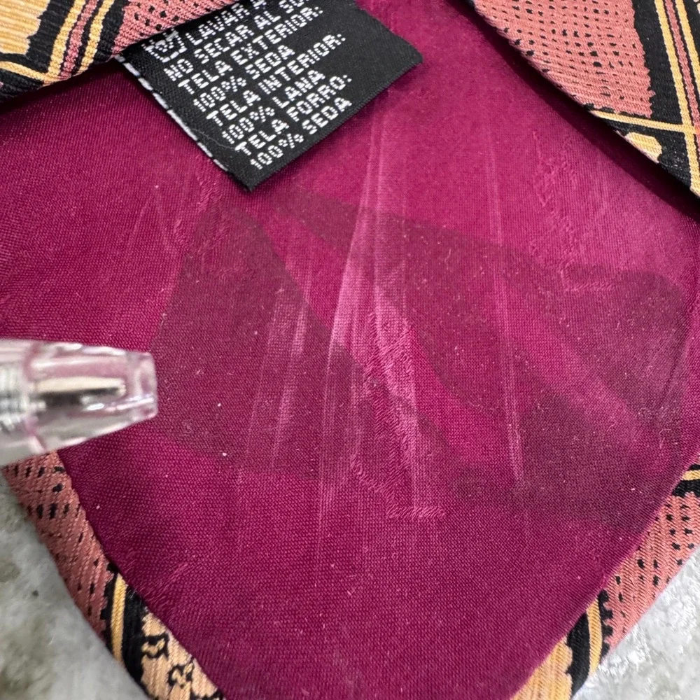 Yves Saint Laurent Pour Homme Silk Tie Burgundy Tan Geometric Grid Vintage 4